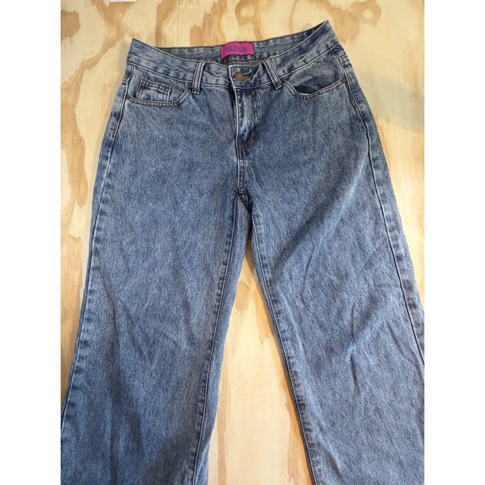 Telepatia Wide Leg Jeans Light Wash Blue Bow Back Pocket Embroidery Size 3/26 - Picture 3 of 8